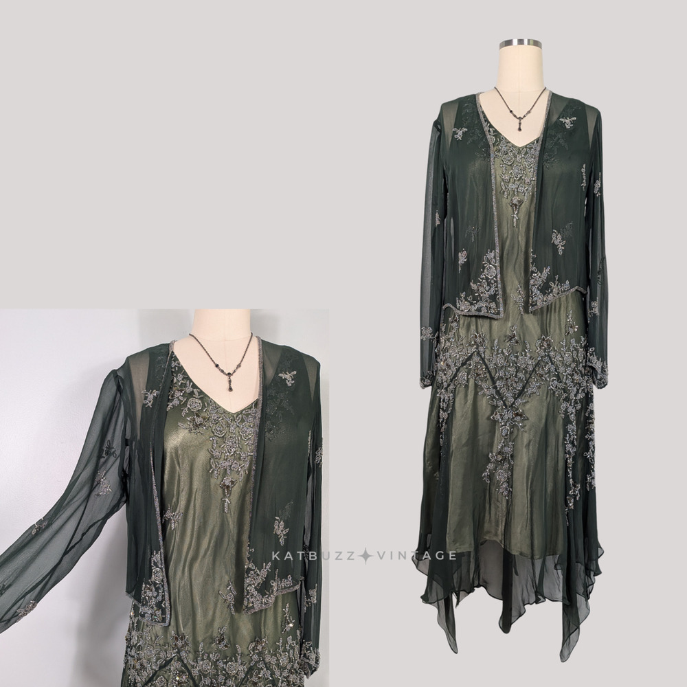 Vintage Scala Midi Dress Cocktail Gown XL Green Silk Bead Gatsby Fairy Grunge - Picture 3 of 16